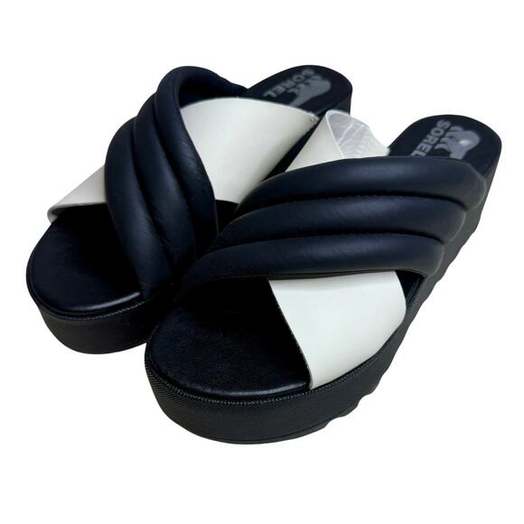 SOREL Womens 8.5 Cameron Puff Platform Slide Sandal Leather Black White Flatform - Picture 2 of 10